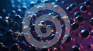 Nanobots traverse a glowing complex molecular structure