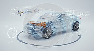 Digital automotive engineering blueprint visualization