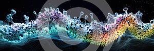 Detailed 3D visualization reveals intricate structure of virus with capside, spikes, and glowing RNA strands. Generative photo