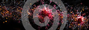Detailed 3D visualization of virus structure showcasing capsid spikes and glowing RNA strands. Generative AI photo