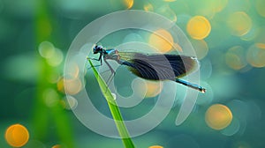 Detailed damselfly macro on reed with river backdrop in ultra high resolution for search relevance