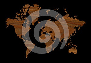 Detailed decorative world map cut from wood texture rosewood, isolated on black background