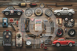 Detailed depiction of car enthusiast culture with a collection of cars, tools, magazines, and trophies.