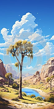 Detailed Desert Landscape Illustration With Trees And Grass