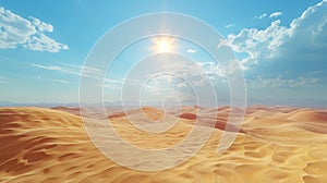 Detailed desert landscape sand dunes, mirage, azure sky, heat haze effect under scorching sun