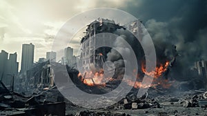 Detailed destruction of fictitious city with debris and collapsing structures. Generative Ai