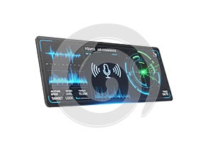 Futuristic digital display screen with glowing interface and data visualization elements