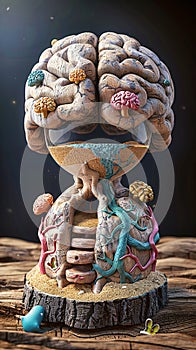 Detailed digital sculpture of a brain hourglass with sand flowing through stacked vertebrae, adorned with mini brains