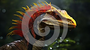 Detailed Dilophosaurus With Red And Yellow Hair In James Paick Style