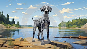 Detailed Dog Standing By Water: Inspired By Patrick Brown, R Kenton Nelson, Viktor Vasnetsov