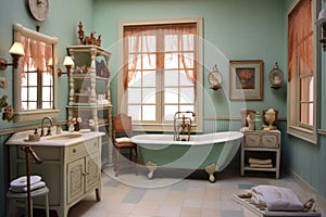 detailed dollhouse bathroom with clawfoot tub and vanity