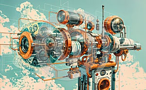 A detailed drawing a complex machine with many pipes and wires a cloudy sky background