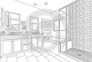 Detailed Drawing of A Custom Master Bathroom on White