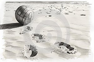 A detailed drawing featuring a beach ball and footprints left in the sandy beach, A detailed sketch of a volleyball on a sandy