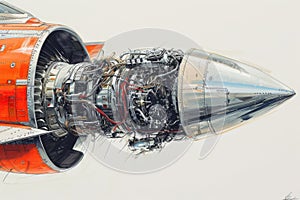 A detailed drawing of an orange jet engine, showcasing its intricate design and features, A detailed illustration of a fighter