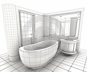 Detailed drawings of plans for a bathroom build or renovation, generative ai