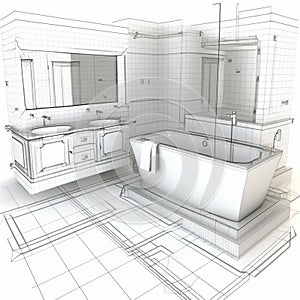 Detailed drawings of plans for a bathroom build or renovation, generative ai