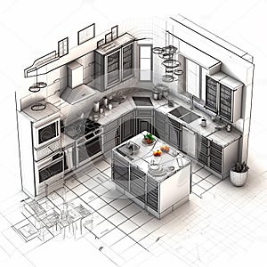 Detailed drawings of plans for a kitchen build or renovation, generative ai