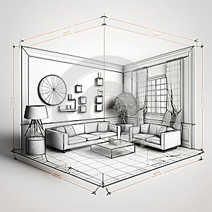 Detailed drawings of plans for a lounge room build or renovation, generative ai