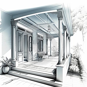 Detailed drawings of plans for a verandah extension build or renovation, generative ai