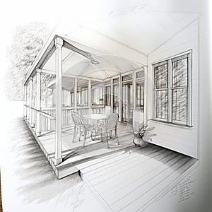 Detailed drawings of plans for a verandah extension build or renovation, generative ai