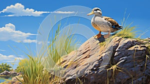 Detailed Duck Painting On Rock In Greg Hildebrandt Style photo