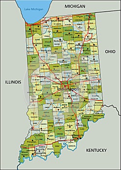 Detailed editable political map with separated layers. Indiana.