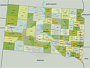Detailed editable political map with separated layers. South Dakota.
