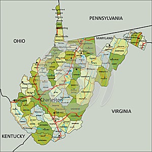 Detailed editable political map with separated layers. West Virginia