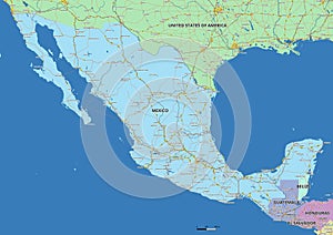 Detailed editable vector map of Mexico on English language