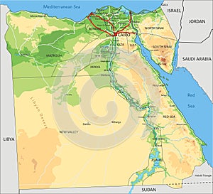 Detailed Egypt physical map with labeling.