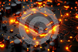 Glowing Circuit Board with Illuminated Microchip for Technology Design Generative AI