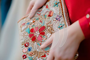 detailed embroidery on a womans clutch bag