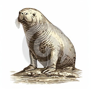 Detailed Engraving Of Majestic Elephant Seal Swimming By The Shore