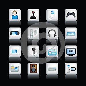 Detailed entertainment icons on black