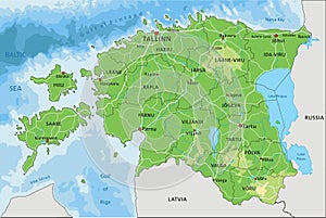 Detailed Estonia physical map with labeling.