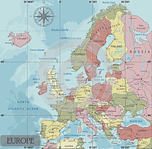 Detailed Europe Political map in Mercator projection.