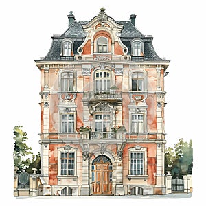 Detailed facade of a European town house around 1900. Watercolor Art. Created with AI