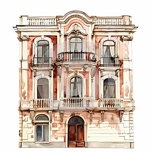 Detailed facade of a European town house around 1900. Watercolor Art. Created with AI