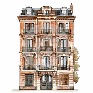 Detailed facade of a European town house around 1900. Watercolor Art. Created with AI