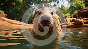 Detailed Facial Features A Beaver Swimming In A River