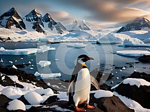 Detailed fantasy penguin in sepiacolored Antarctic POV.