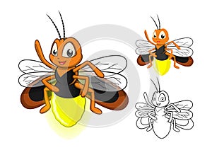 Detailed Firefly Cartoon Character with Flat Design and Line Art Black and White Version
