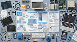 Software Development and Hardware Assembly Flat Lay