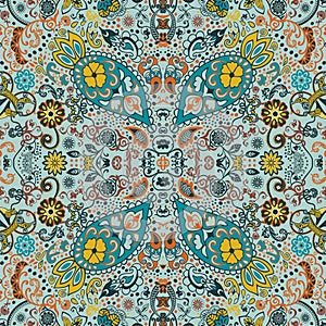 Detailed floral and paisley design, fabric, bandana. Seamless retro pattern