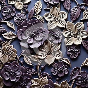 Detailed flower decorations in dark violet and beige sculptural ceramics