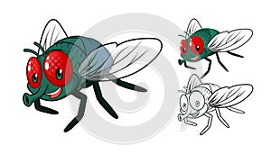 Detailed Fly Cartoon Character with Flat Design and Line Art Black and White Version