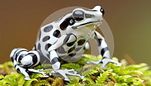 Detailed focus on azureus dart frog dendrobates tinctorius perched on lush green moss