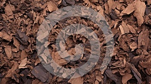 Detailed Foliage And Textural Surface: Brown Wooden Chipped Mulch Background