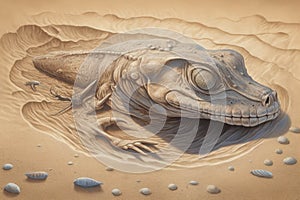 Detailed fossil impression of a fanged amphibian its contours captured by the shifting sands of time.. AI generation